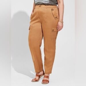 Torrid Pants Sz 18R  Relaxed Taper Studio Linen Blend High Rise Cargo Tobacco